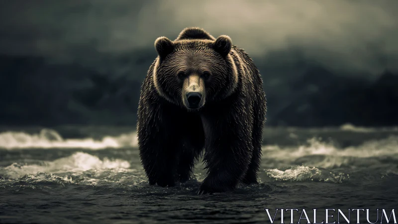 Majestic brown bear strides through misty river waters