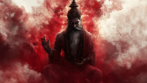 Digital painting of ascetic deity in crimson atmospheric shroud.