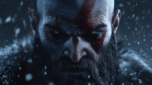 Warrior gaze burns through snow and frozen night.