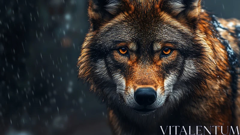 Photorealistic wolf portrait under rain with cinematic focus.