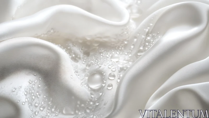 Water droplets glisten on pristine white fabric with elegant ripples