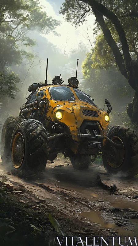 Jungle rover rumbles through misty mud with robot charm.