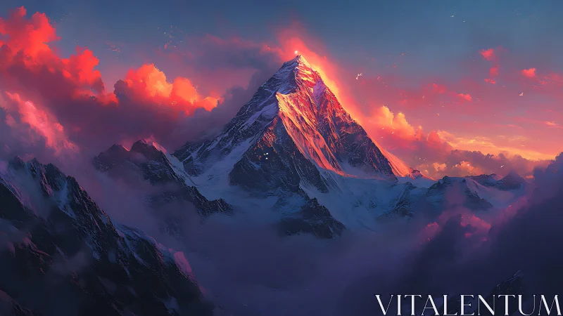 Sunlit mountain peak glowing softly above drifting clouds.