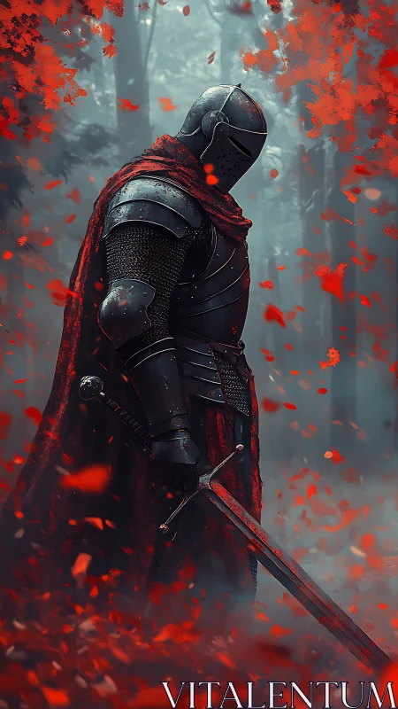 Armored knight stands in red cloak amid falling scarlet leaves