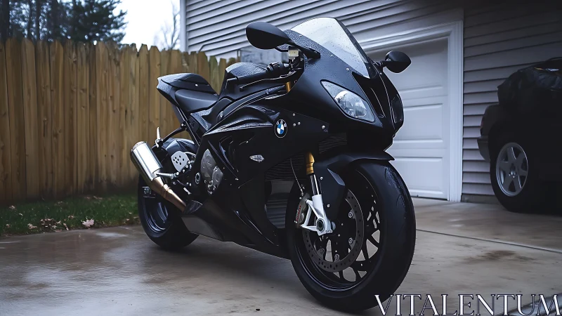 Midnight superbike waits, rain-kissed and garage-ready.