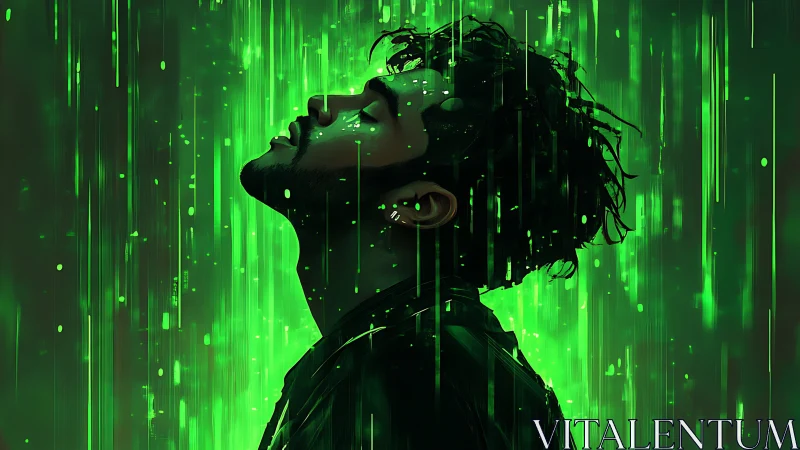 Neon data cascade around silhouetted profile in green flux.