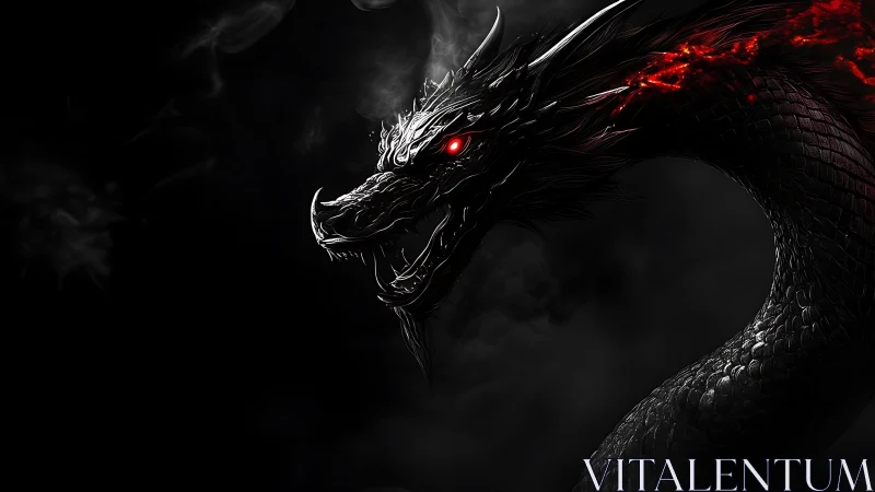 Digital painting of a black dragon head with glowing red core.