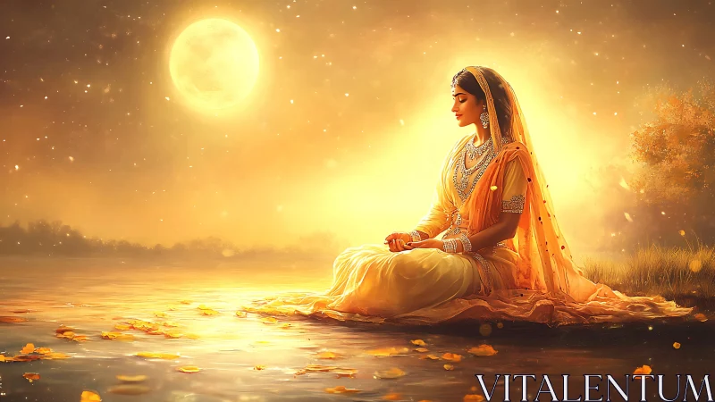 Moonlit meditative woman in golden sari beside tranquil lake.