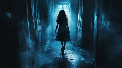 Shadowy girl exploring a misty blue hallway of secrets.