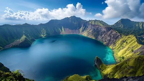 Volcanic Crater Lake: Teal Caldera Basin with Verdant Ridgelines