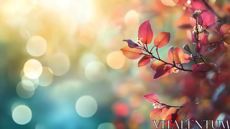 Soft morning light on pink leaves and dreamy bokeh glow.