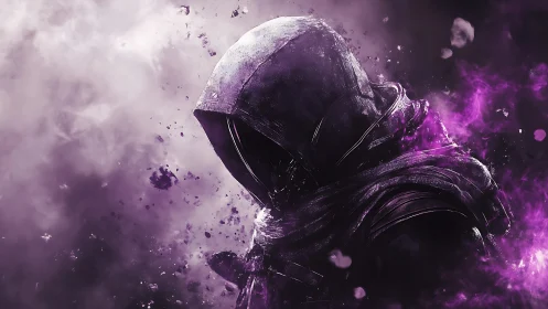 Hooded figure rendered in purple smoke and particle debris