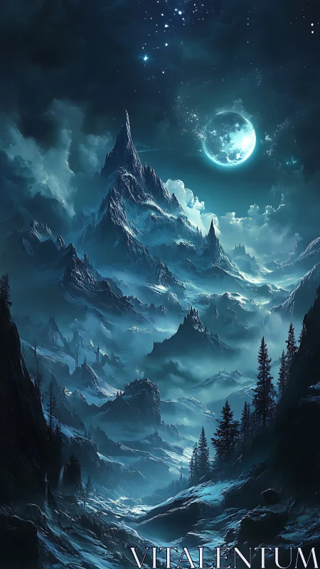Moonlit alpine mountain range is shown under a clear night sky