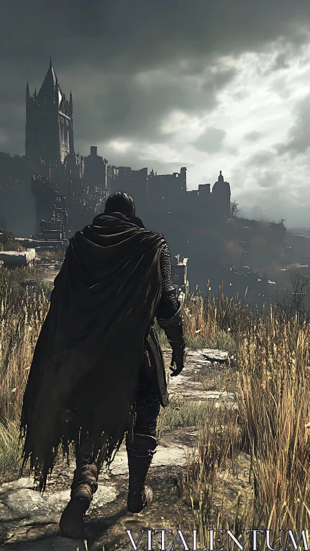 Medieval cloaked warrior approaching ruined fortress city under storm