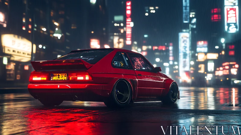 Red tuner hatchback in neon-lit rainy urban nightscape