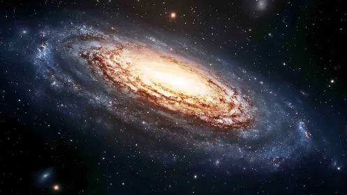 Spiral galaxy with bright core and extended star field view.