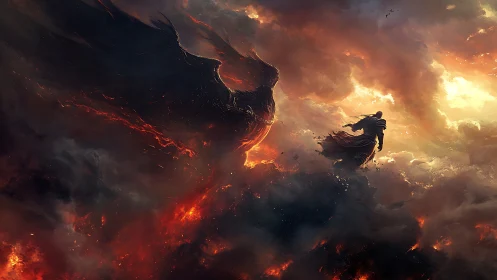 Solitary armored figure amid dark fiery cloud formation.