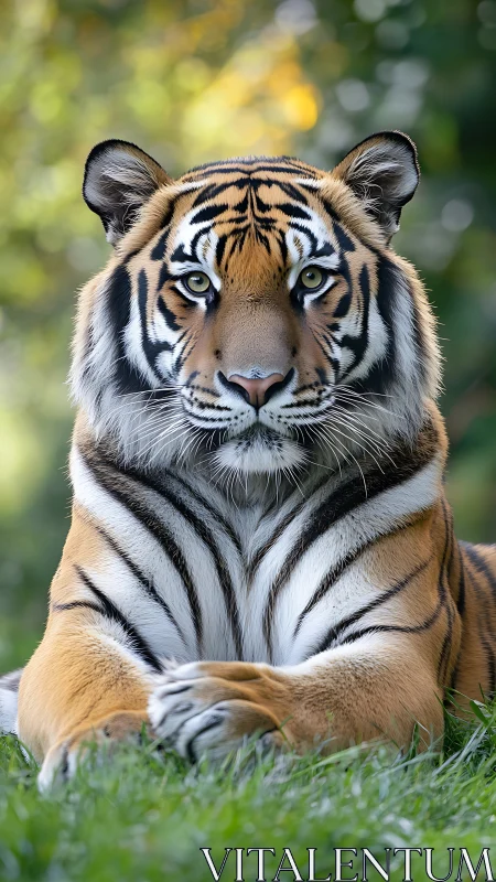 Bengal tiger lying on grass with direct frontal gaze.