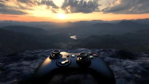 Game controller lies on rocky ledge above digital valley at dusk