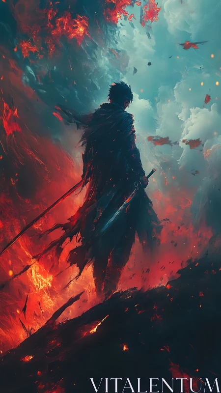 Lone warrior strides through swirling fire and stormlight