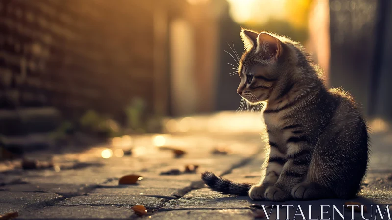 Sunlit Kitten Contemplating Urban Alley.