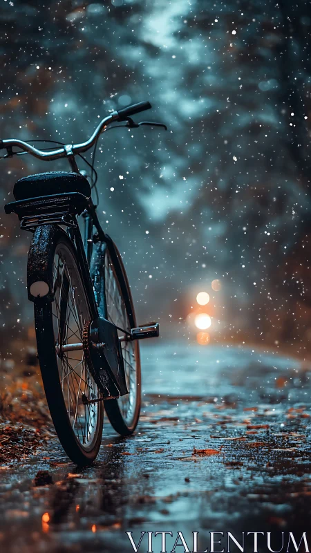 Bicycle positioned in urban environment during precipitation with atmospheric lighting.