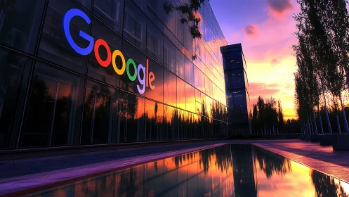 Corporate glass campus with sunset reflections and logo glow.