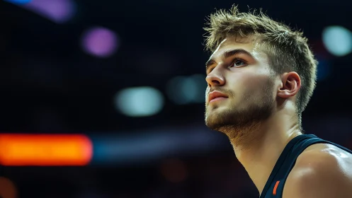 Courtside portrait of focused basketball player under arena lights.