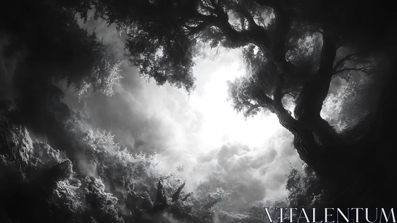 Monochrome forest canopy encircling luminous sky portal.