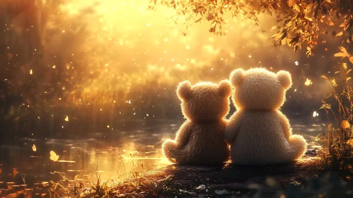 Two plush bear figures sit beside a reflective forest pond