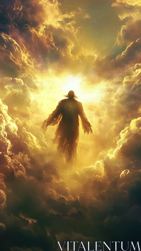 Silhouetted robed figure rising in radiant golden clouds.