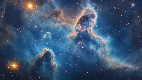 Bright nebula clouds and star field in deep blue space.
