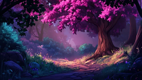 Bioluminescent Forest Landscape with Magenta Canopy.