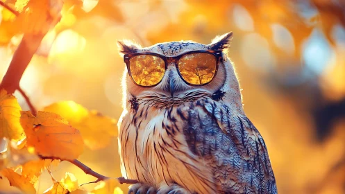 Stylish owl wearing sunglasses in autumn forest, whimsical art.