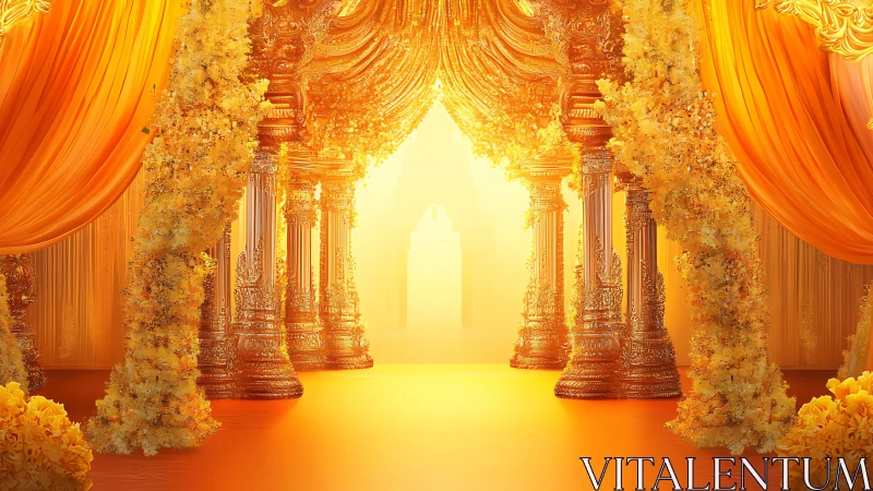 Golden petals pour light into a royal mandap gateway