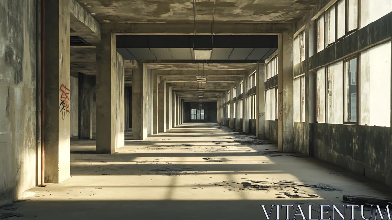 Sunlit ruins stretch through an endless industrial corridor.