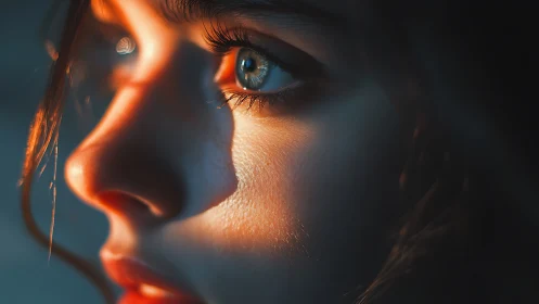 Side profile closeup of blue eye in warm sunlight.