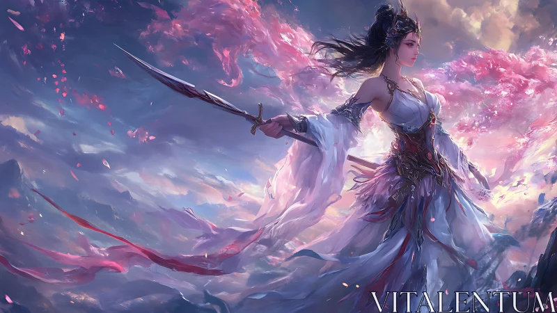 Skyborne warrior goddess with flowing silk amidst pink clouds