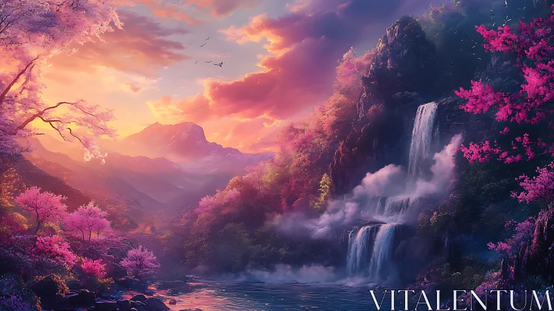 Sunset over pink blossoms and cascading mountain waterfalls.