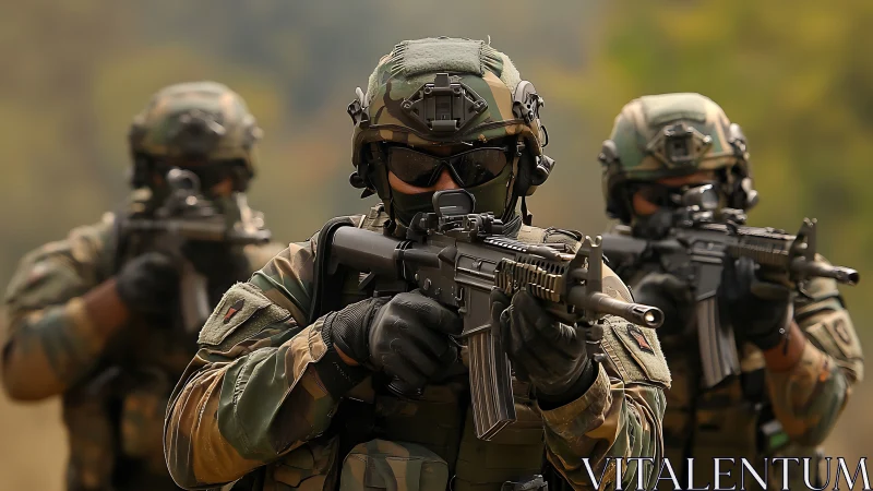 Focused soldiers move forward in careful tactical formation