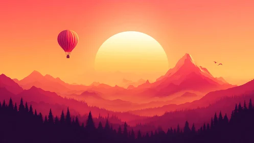 Radiant hot air balloon drifts across glowing sunset peaks