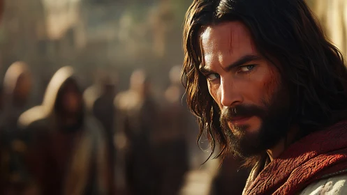 Bearded man with intense gaze in crowded street scene.