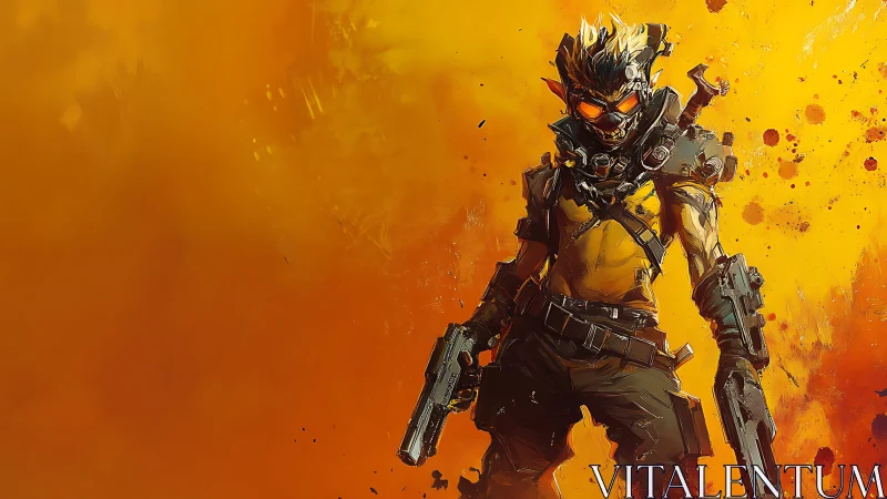 Postapocalyptic gunner silhouetted in blazing orange storm.