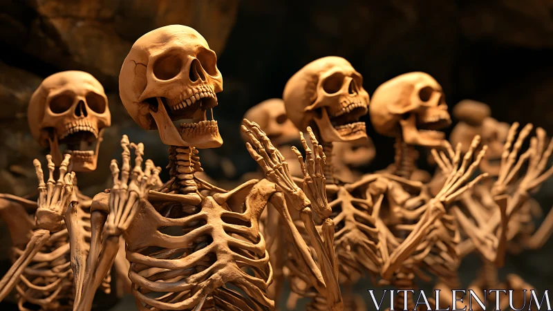 Skeleton chorus raises bony hands under warm cave light.