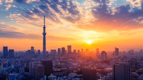 Tokyo urban skyline with communications tower at sunrise.