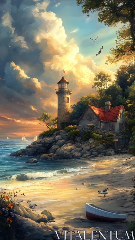 Coastal lighthouse at golden hour amid luminous clouds and forest.