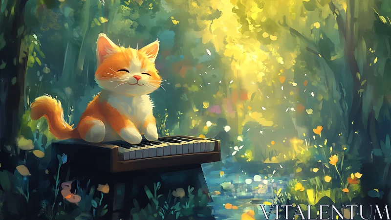Sunlit orange kitten at keyboard in painterly forest glade