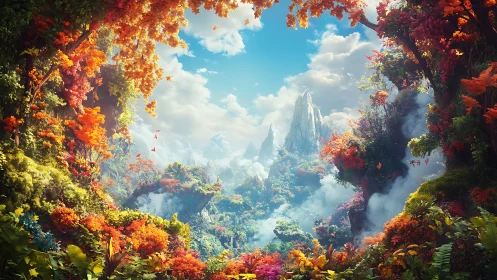 Dense fantasy valley landscape is framed by autumn foliage