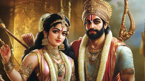 Regal royal couple in ornate golden temple setting.