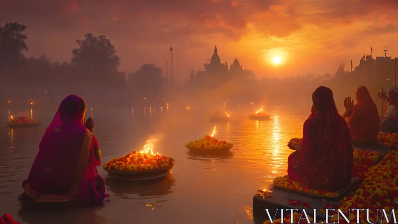 River of ember prayers under a mist drenched saffron sky.